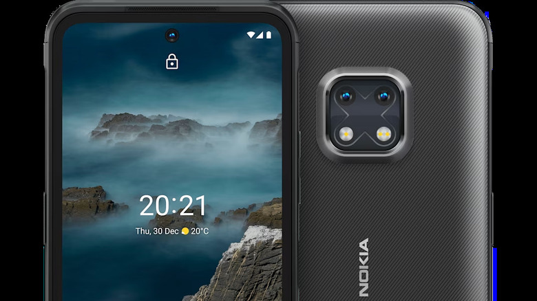 Front and back view of the Nokia XR20 smartphone showing the display and rugged rear design.