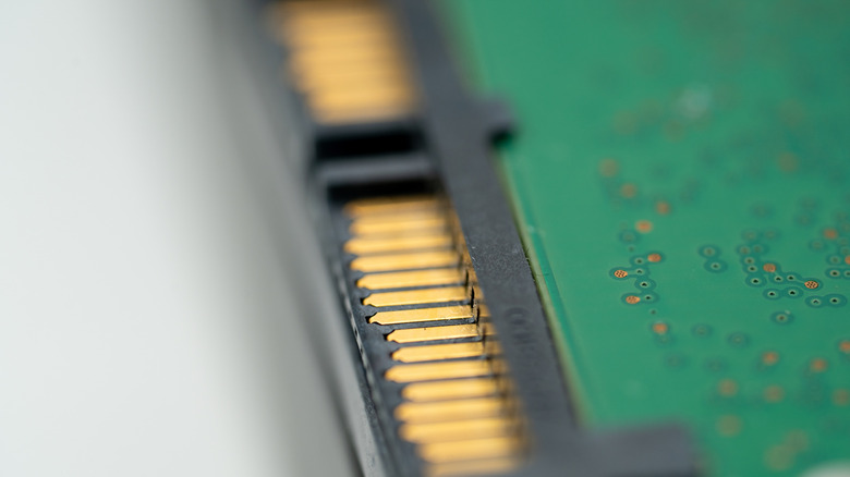 Close up of hard disk SATA connector pins detail.