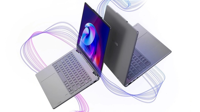 The Lenovo Yoga 7i 2-in-1 (14-inch) against a while background with a wave illustration around it
