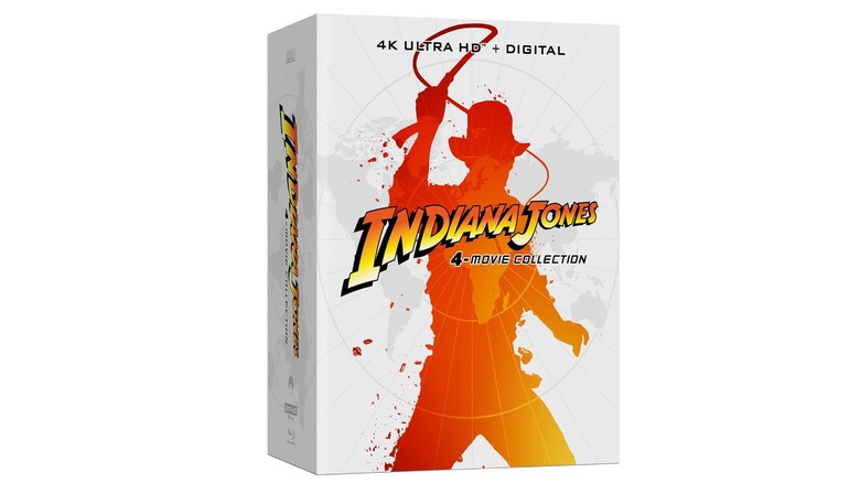 A promotional photo for the box art of the "Indiana Jones" 4-Movie Collection, and the cover features a golden silhouette of Indiana Jones.