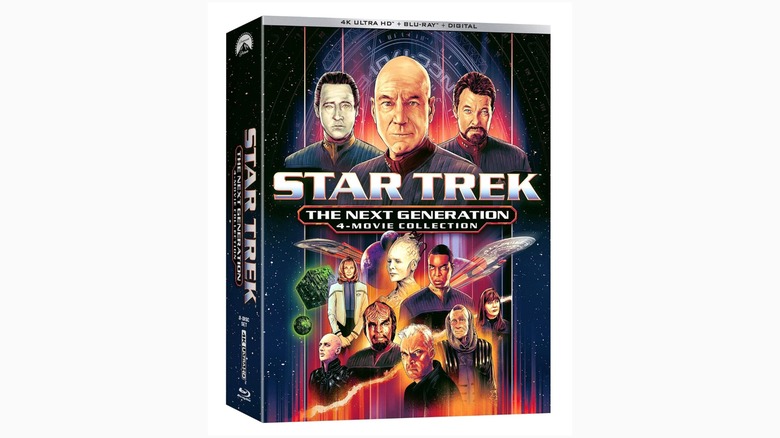 A promotional photo for the "Star Trek: The Next Generation" Motion Picture Collection, the cover features much of the cast highly stylized