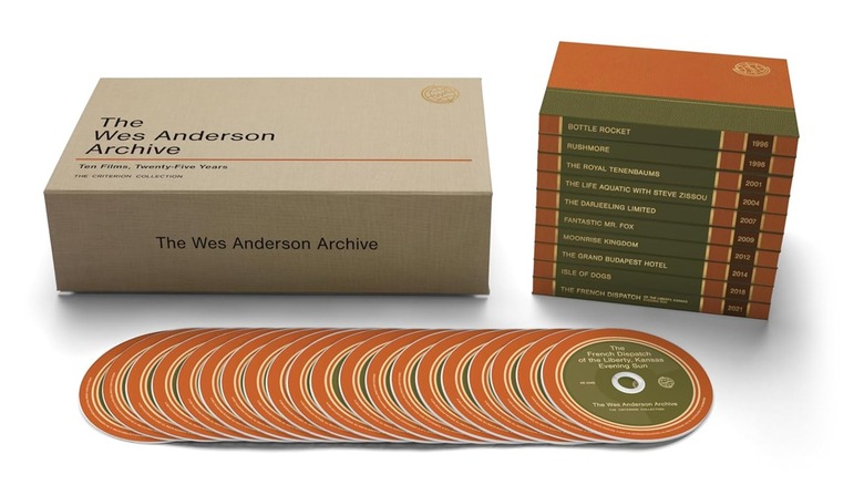 A promotional photo for The Wes Anderson Archive, the image shows the primary box, the Blu-ray discs, and the book-like boxes the films are packaged in.