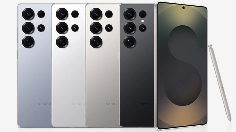 Multiple Samsung Galaxy S25 Ultra units in various colors lined up next to one another