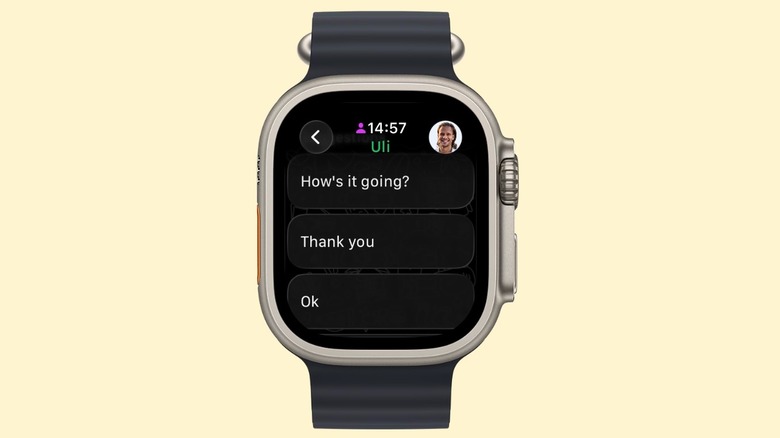 Apple Watch Ultra 2 displaying automatic messages on WhatsApp app