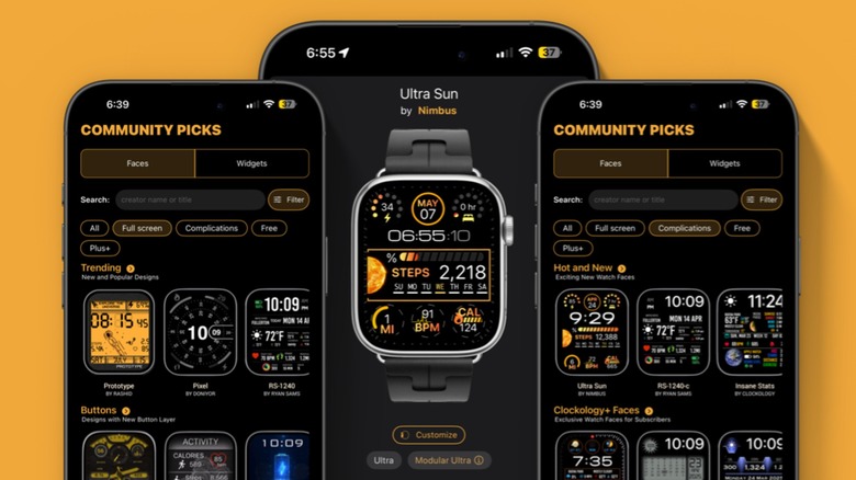 An image showing many of the Apple Watch faces available within the Clockology app