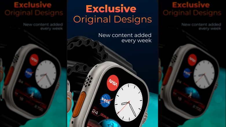 Watch Faces by MobyFox showcasing an Apple Watch Ultra displaying a custom NASA watch face
