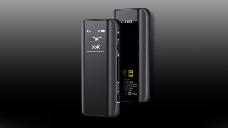 FiiO BTR15 front and back view on a black to white gradient background