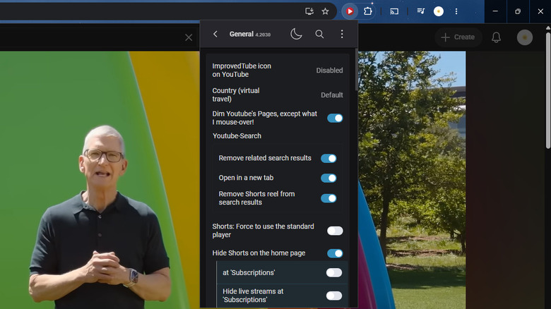 ImprovedTube browser extension panel showing customization options