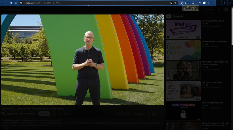 Turn Off the Lights browser extension showing a dimmed YouTube interface