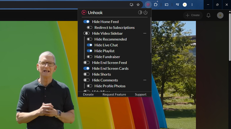 Unhook browser extension panel showing customization options