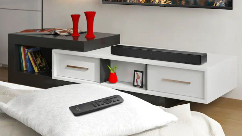 The Insignia 2.0-channel soundbar on a media stand