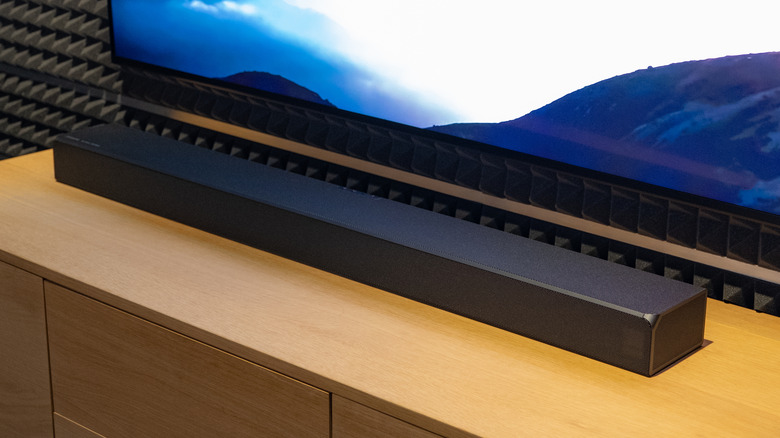A soundbar on a media stand