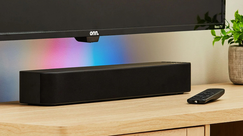 The Onn 2.1-channel LED soundbar beneath a TV