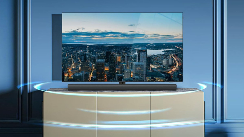 The Philips B4208 2.0-channel soundbar beneath a TV on a media stand
