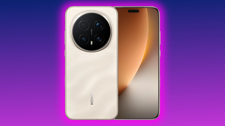 Honor Magic 8 Pro promo image on a purple gradient background