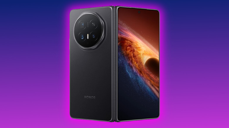 Honor Magic V6 promo image on a purple gradient background