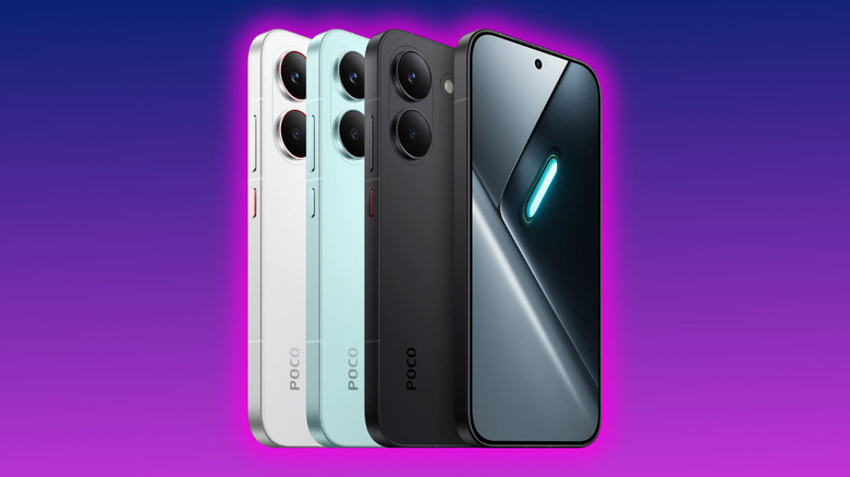 POCO X8 Pro various colorways promo image on a purple gradient background