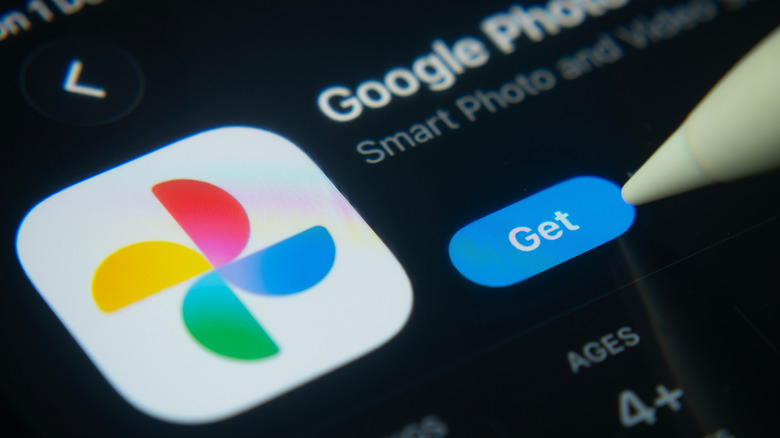 A close-up of the Google Photos app icon in the App Store on an iPad screen