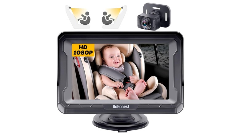 The DoHonest Rear-Facing Baby Car Camera showing a baby resting on the back seat