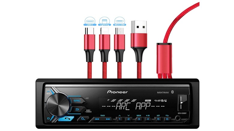 The Pioneer MVH-X390BT Digital Media Receiver showing both the receiver as well as the included cable