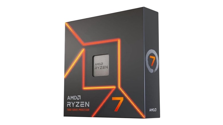 A promotional photo for the AMD Ryzen 7 7700X Raphael Processor, the image showcases the component inside its retail packaging