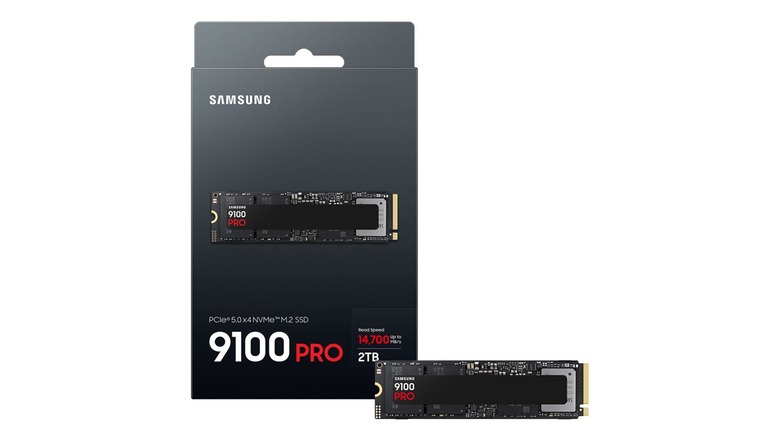 A promotional image for the Samsung 9100 Pro 2TB Internal SSD, the image showcases the product's box alongside the SSD
