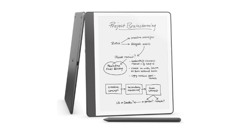 Amazon Kindle Scribe E Ink tablet front and side view with a stylus