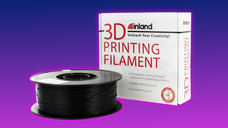 Inland TPU filament spool and box on a purple gradient background
