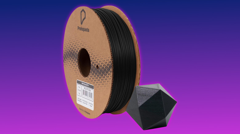 Protopasta Recycled PLA filament spool and a 3D print promo image on a purple gradient background
