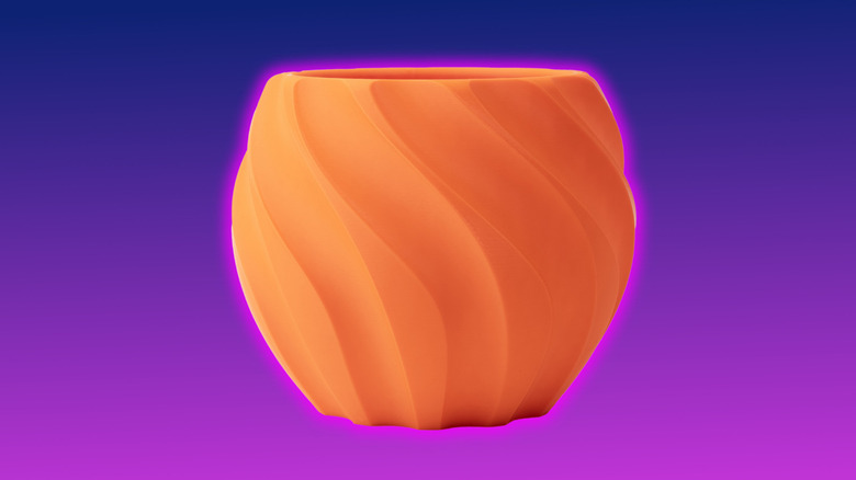 Promo finished print for Prusament PLA High Speed Prusa Orange 1-kilogram (NFC) on a purple gradient background