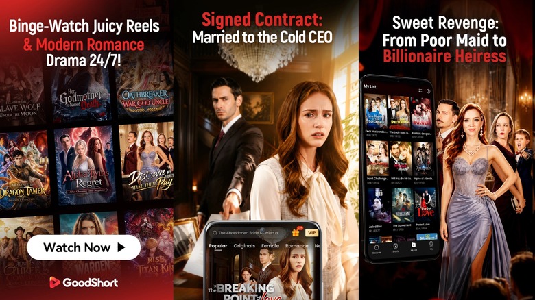 Several promotional images for the GoodShort microdrama app, the images showcases several shows available on the platform, with two of the images centering around relationships with billionaires