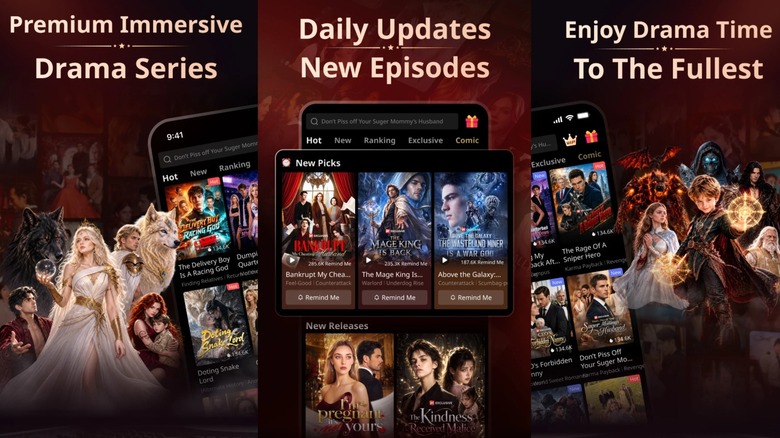 Several promotional photos for the microdrama NetShort, the image shows mythical characters and creatures, while also advertising the shows available through the channel