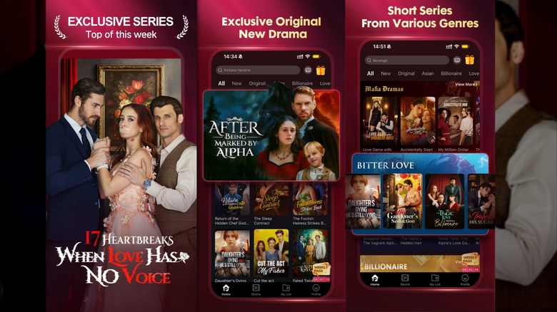 Three promotional images for the microdrama app Playlet, the images showcases one of their top series alongside some of the other content available on the platform