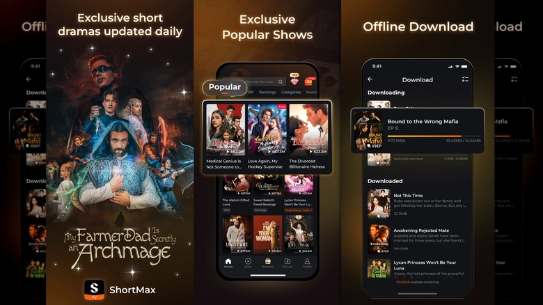 Three promotional images for the microdrama app ShortMax, the images show offline download capabilities, access to popular shows, and one of the app's primary offerings
