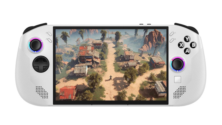 Lenovo Legion Go S handheld gaming device displaying an overhead action game on its screen.