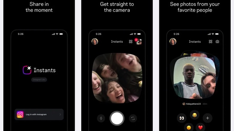 Screenshots from the Instants iOS app.