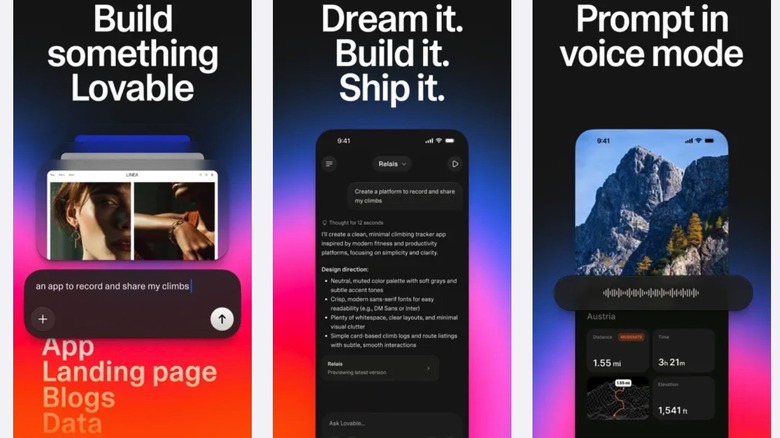 Screenshots from the Lovable iOS app.