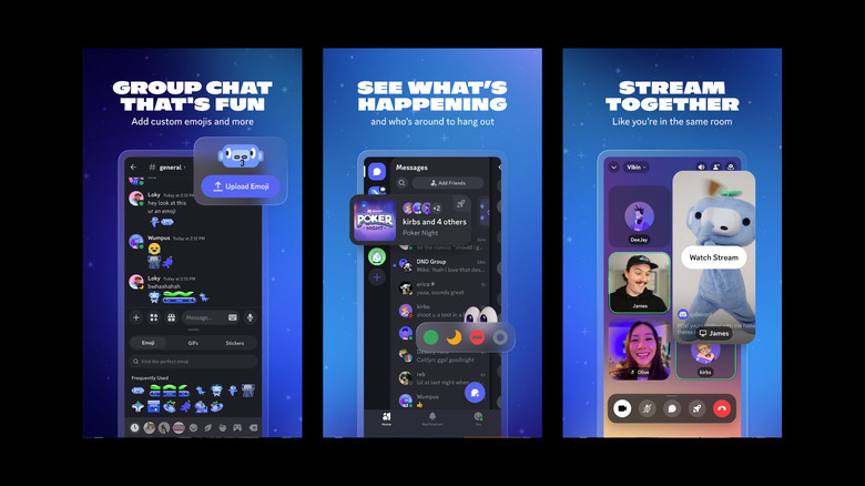 Promotional image highlighting Discord features such as group chats, activity updates, and streaming together within the app.