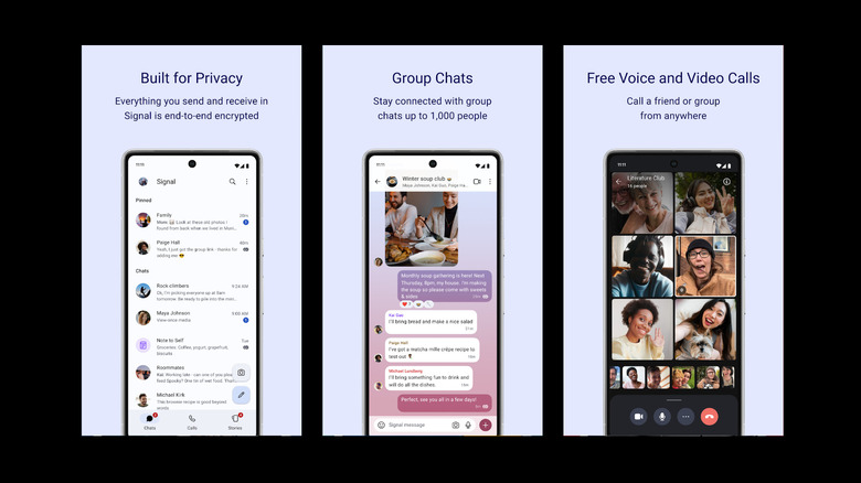 Screenshots highlighting Signal features such as encrypted messaging, group chats, and video calls.