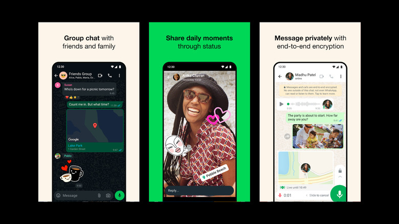 Promotional image showing WhatsApp features including group chats, status updates, and private messaging with end-to-end encryption.