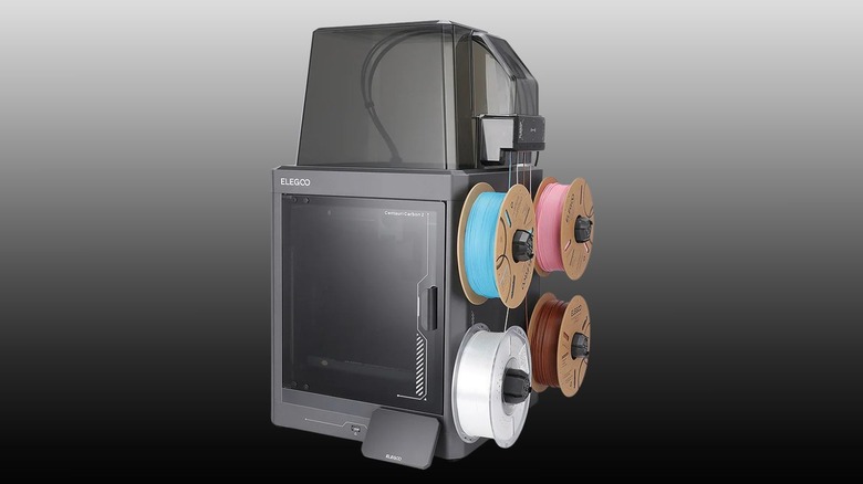 Angled profile image of the Elegoo Centauri Carbon 2 using four spools of filament