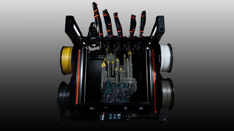 Front profile of the Prusa XL using four different filament colors to make a fantasy castle diorama