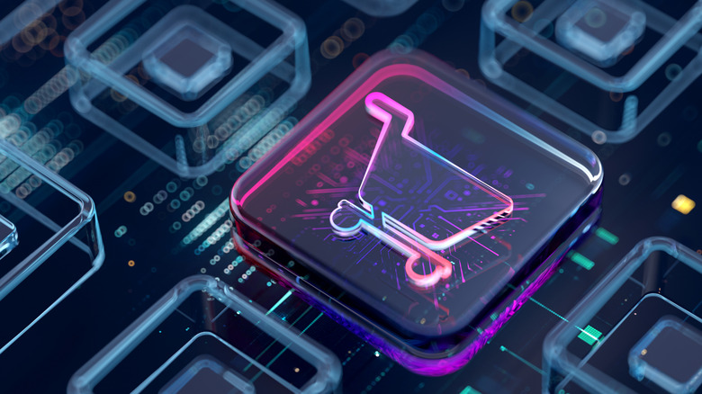 Futuristic digital shopping cart icon glowing on a circuit-board style interface.