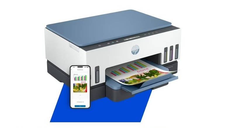 HP Smart Tank 7002 Inkjet Printer printing a color document with a smartphone beside it.