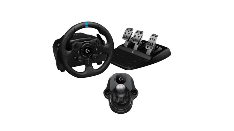 Logitech G923 racing wheel with pedals and gear shifter.