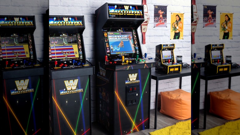 The Basic Fun 4-Player WWE Supreme Series Premium Arcade Cabinet sitting upright in a room