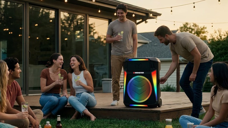 Multiple individuals sitting around a wooden deck during a party, as the Monster Z6 All-in-One PA Bluetooth Speaker System displays RGB colors