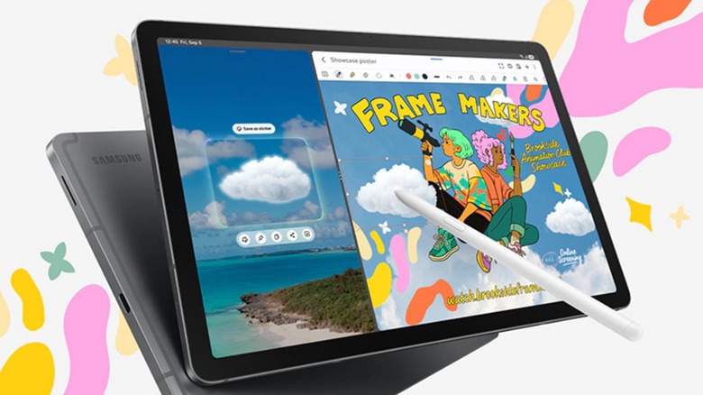 A Samsung Galaxy Tab S10 Lite is against a white backdrop with splatters of bright pastel colors, the screen of the tablet is showcasing an image editing tool
