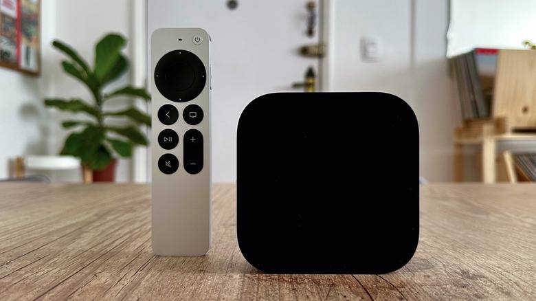 Close-up shot of the Apple TV 4K with a Siri Remote