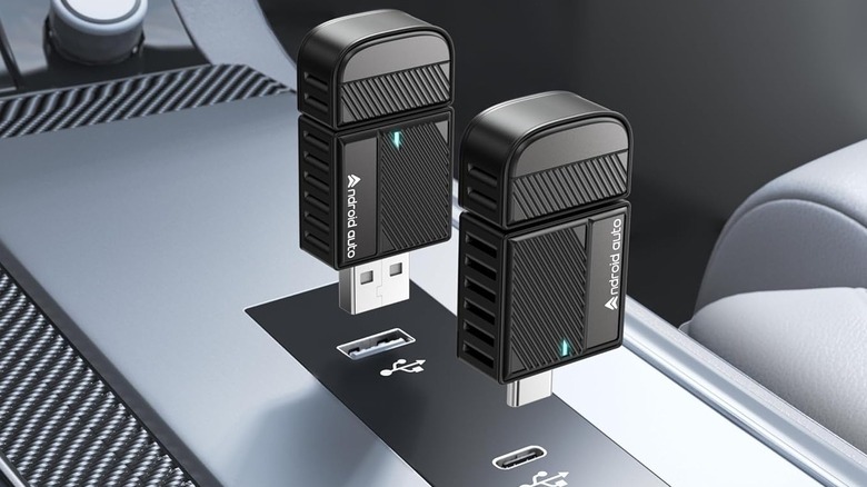 Two ByteWave Android Auto Wireless Adapters with USB Type-A and USB-C connectors